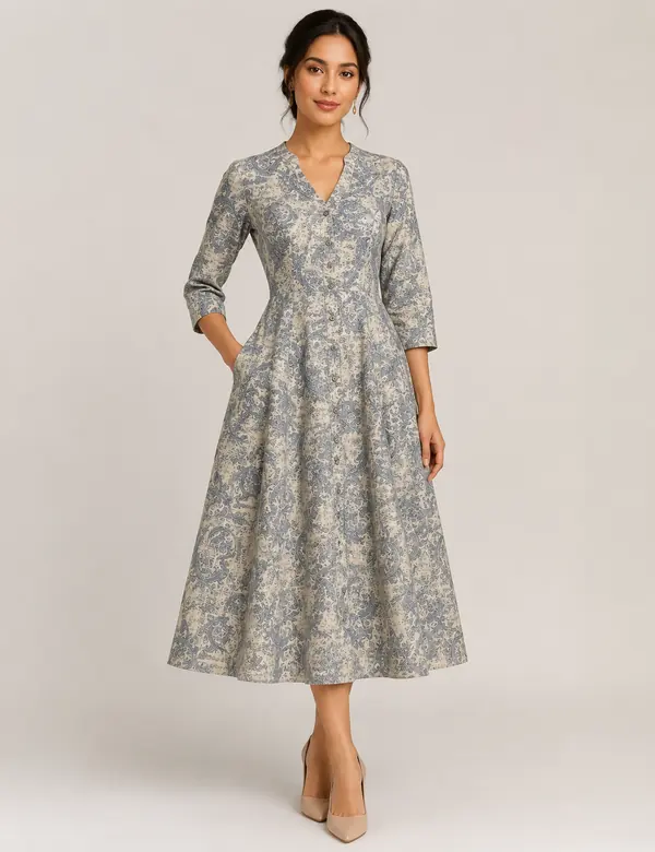 Caramel Belted Print Dress - Dresses custom tailoring design by Riddhi Siddhi Fabrics & Tailoring Dubai