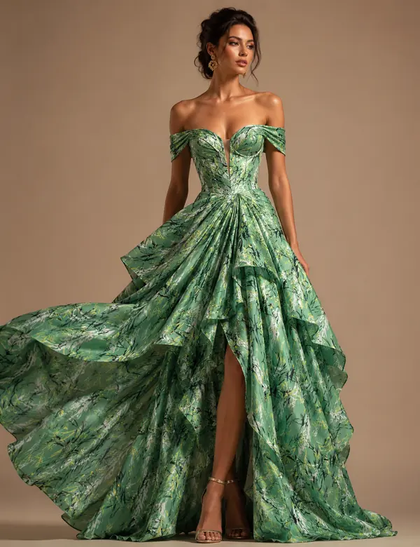 Olive Dramatic Trail Gown - Gowns custom tailoring design by Riddhi Siddhi Fabrics & Tailoring Dubai