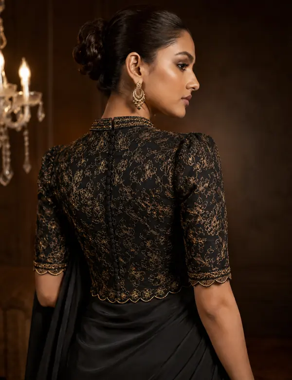 Chocolate Occasion Saree Look - Saree Blouse custom tailoring design by Riddhi Siddhi Fabrics & Tailoring Dubai